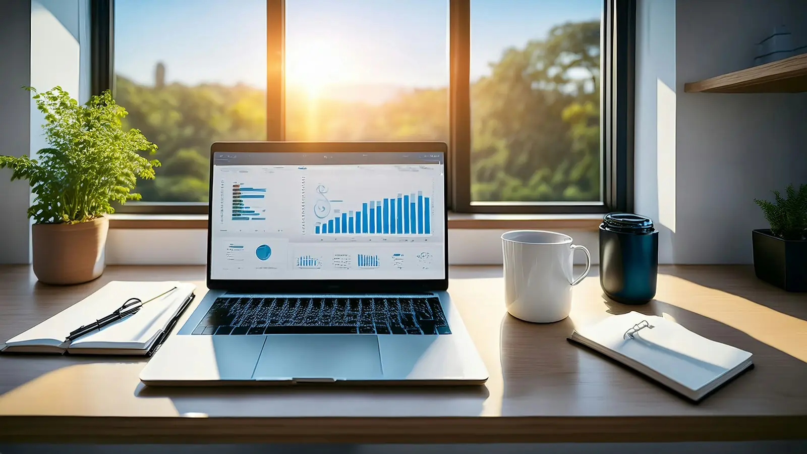 A laptop with charts by a sunny window